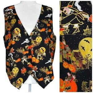 Vintage 90s Basic Editions Halloween Sleeveless Vest XL Pumpkin Witch Frogs Bats